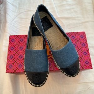 Tory Burch Colorblock Flat Espadrille Denim Chambray/Calf Leather Size 6